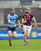 20 January 2024; Donal Leavy of Dublin in action against Cianan Fahy of Galway during the Dioralyte Walsh Cup semi-final match between Dublin and Galway at Parnell Park in Dublin. Photo by Stephen Marken/Sportsfile