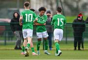 20 January 2024; David Dunne of Republic of Ireland, centre, celebrates with teammates after scoring their side's first goal during the international friendly match between Republic of Ireland MU15 and Australia U16 Schoolboys at the FAI National Training Centre in Abbotstown, Dublin. Photo by Seb Daly/Sportsfile