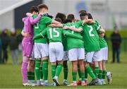 20 January 2024; Republic of Ireland players huddle before the international friendly match between Republic of Ireland MU15 and Australia U16 Schoolboys at the FAI National Training Centre in Abbotstown, Dublin. Photo by Seb Daly/Sportsfile