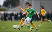 20 January 2024; Richard Ferizaj of Republic of Ireland in action against Nicholas Badolato of Australia during the international friendly match between Republic of Ireland MU15 and Australia U16 Schoolboys at the FAI National Training Centre in Abbotstown, Dublin. Photo by Seb Daly/Sportsfile
