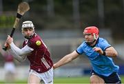 20 January 2024; Declan McLoughlin of Galway in action against Paddy Smyth of Dublin during the Dioralyte Walsh Cup semi-final match between Dublin and Galway at Parnell Park in Dublin. Photo by Stephen Marken/Sportsfile