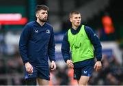 20 January 2024; Harry Byrne and Sam Prendergast of Leinster before the Investec Champions Cup Pool 4 Round 4 match between Leicester Tigers and Leinster at Mattioli Woods Welford Road in Leicester, England. Photo by Harry Murphy/Sportsfile