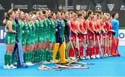 20 January 2024; The Ireland and Great Britain teams stand for the National Anthems before the FIH Women's Olympic Hockey Qualifying Tournament third/fourth place play-off match between Ireland and Great Britain at Campo de Hockey Hierba Tarongers in Valencia, Spain. Photo by Manuel Queimadelos/Sportsfile