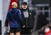 20 January 2024; Leicester Tigers head coach Dan McKellar speaks to referee Andrea Piardi before the Investec Champions Cup Pool 4 Round 4 match between Leicester Tigers and Leinster at Mattioli Woods Welford Road in Leicester, England. Photo by Harry Murphy/Sportsfile