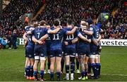 20 January 2024; Leinster players huddle before the Investec Champions Cup Pool 4 Round 4 match between Leicester Tigers and Leinster at Mattioli Woods Welford Road in Leicester, England. Photo by Harry Murphy/Sportsfile