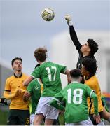 20 January 2024; Australia goalkeeper Yiorgos Coutsoumbes punches the ball clear during the international friendly match between Republic of Ireland MU15 and Australia U16 Schoolboys at the FAI National Training Centre in Abbotstown, Dublin. Photo by Seb Daly/Sportsfile