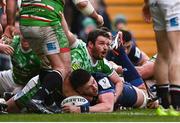 20 January 2024; Joe McCarthy of Leinster dives over to score his side's first try during the Investec Champions Cup Pool 4 Round 4 match between Leicester Tigers and Leinster at Mattioli Woods Welford Road in Leicester, England. Photo by Harry Murphy/Sportsfile