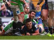 20 January 2024; Joe McCarthy of Leinster celebrates after scoring his side's first try during the Investec Champions Cup Pool 4 Round 4 match between Leicester Tigers and Leinster at Mattioli Woods Welford Road in Leicester, England. Photo by Harry Murphy/Sportsfile