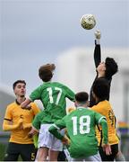20 January 2024; Australia goalkeeper Yiorgos Coutsoumbes punches the ball clear during the international friendly match between Republic of Ireland MU15 and Australia U16 Schoolboys at the FAI National Training Centre in Abbotstown, Dublin. Photo by Seb Daly/Sportsfile