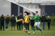 20 January 2024; Petera Love of Australia in action against TJ Molloy of Republic of Ireland during the international friendly match between Republic of Ireland MU15 and Australia U16 Schoolboys at the FAI National Training Centre in Abbotstown, Dublin. Photo by Seb Daly/Sportsfile