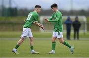 20 January 2024; Republic of Ireland players Richard Ferizaj, left, and Niall Sullivan during the international friendly match between Republic of Ireland MU15 and Australia U16 Schoolboys at the FAI National Training Centre in Abbotstown, Dublin. Photo by Seb Daly/Sportsfile
