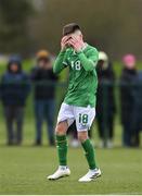 20 January 2024; Brody Collins of Republic of Ireland reacts during the international friendly match between Republic of Ireland MU15 and Australia U16 Schoolboys at the FAI National Training Centre in Abbotstown, Dublin. Photo by Seb Daly/Sportsfile