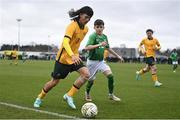 20 January 2024; Petera Love of Australia in action against Ryan Cunningham of Republic of Ireland during the international friendly match between Republic of Ireland MU15 and Australia U16 Schoolboys at the FAI National Training Centre in Abbotstown, Dublin. Photo by Seb Daly/Sportsfile