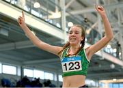 20 January 2024; Savanagh O'Callaghan of Tuam AC, Galway, celebrates after finish first in the U20 Women's Walk 3k final during the 123.ie National Indoor U20 & U23s Athletics Championships at the TUS International Arena in Athlone, Westmeath. Photo by Tyler Miller/Sportsfile