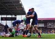 20 January 2024; Jordan Larmour of Leinster celebrates with teammate Josh van der Flier after scoring his side's second try during the Investec Champions Cup Pool 4 Round 4 match between Leicester Tigers and Leinster at Mattioli Woods Welford Road in Leicester, England. Photo by Harry Murphy/Sportsfile