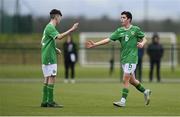 20 January 2024; Republic of Ireland players Tadgh Prizeman, left, and Jason Spelman during the international friendly match between Republic of Ireland MU15 and Australia U16 Schoolboys at the FAI National Training Centre in Abbotstown, Dublin. Photo by Seb Daly/Sportsfile