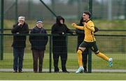 20 January 2024; Munib Smajic of Australia celebrates after scoring his side's third goal during the international friendly match between Republic of Ireland MU15 and Australia U16 Schoolboys at the FAI National Training Centre in Abbotstown, Dublin. Photo by Seb Daly/Sportsfile