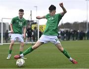 20 January 2024; Kian Quigley of Republic of Ireland during the international friendly match between Republic of Ireland MU15 and Australia U16 Schoolboys at the FAI National Training Centre in Abbotstown, Dublin. Photo by Seb Daly/Sportsfile