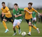 20 January 2024; Richard Ferizaj of Republic of Ireland in action against Steve Nealon of Australia during the international friendly match between Republic of Ireland MU15 and Australia U16 Schoolboys at the FAI National Training Centre in Abbotstown, Dublin. Photo by Seb Daly/Sportsfile