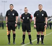 20 January 2024; Referee Jack Keating and assistant Eoin Fagan and Paul Farrell before the international friendly match between Republic of Ireland MU15 and Australia U16 Schoolboys at the FAI National Training Centre in Abbotstown, Dublin. Photo by Seb Daly/Sportsfile