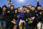 20 January 2024; Barry O'Farrell of Longford celebrates with supporters after his side's victory in the Dioralyte O'Byrne Cup final match between Dublin and Longford at Laois Hire O'Moore Park in Portlaoise, Laois. Photo by Piaras Ó Mídheach/Sportsfile