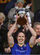 20 January 2024; Longford captain Patrick Fox lifts the cup after his side's victory in the Dioralyte O'Byrne Cup final match between Dublin and Longford at Laois Hire O'Moore Park in Portlaoise, Laois. Photo by Piaras Ó Mídheach/Sportsfile