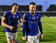 20 January 2024; Longford players Michael Quinn, 23, and Darren Gallagher after their side's victory in the Dioralyte O'Byrne Cup final match between Dublin and Longford at Laois Hire O'Moore Park in Portlaoise, Laois. Photo by Piaras Ó Mídheach/Sportsfile