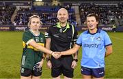 20 January 2024; Referee Jonathan Murphy with Kerry captain Niamh Carmody and Dublin captain Leah Caffrey before the 2024 Lidl Ladies National Football League Division 1 Round 1 fixture between Dublin and Kerry at Parnell Park in Dublin. Photo by Sam Barnes/Sportsfile