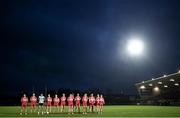 20 January 2024; The Derry team during the playing of the National Anthem before the Bank of Ireland Dr McKenna Cup final match between Derry and Donegal at O'Neills Healy Park in Omagh, Tyrone. Photo by Ramsey Cardy/Sportsfile
