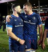20 January 2024; Robbie Henshaw and Ross Molony of Leinster after their side's victory in the Investec Champions Cup Pool 4 Round 4 match between Leicester Tigers and Leinster at Mattioli Woods Welford Road in Leicester, England. Photo by Harry Murphy/Sportsfile