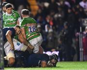 20 January 2024; Caelan Doris of Leinster dives over to score his side's fourth try during the Investec Champions Cup Pool 4 Round 4 match between Leicester Tigers and Leinster at Mattioli Woods Welford Road in Leicester, England. Photo by Harry Murphy/Sportsfile