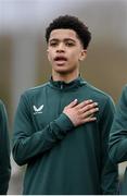 20 January 2024; Victor Ozhianvuna of Republic of Ireland before the international friendly match between Republic of Ireland MU15 and Australia U16 Schoolboys at the FAI National Training Centre in Abbotstown, Dublin. Photo by Seb Daly/Sportsfile