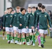 20 January 2024; Tadgh Prizeman of Republic of Ireland leads his side out before the international friendly match between Republic of Ireland MU15 and Australia U16 Schoolboys at the FAI National Training Centre in Abbotstown, Dublin. Photo by Seb Daly/Sportsfile