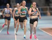 20 January 2024; Niamh Murray of Bray Runners AC, Wicklow, right, competes in the U20 Women's 400m during the 123.ie National Indoor U20 & U23s Athletics Championships at the TUS International Arena in Athlone, Westmeath. Photo by Tyler Miller/Sportsfile