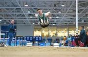 20 January 2024; Jack Hession of Tuam AC, Galway, competes in the U23 Men's Long Jump during the 123.ie National Indoor U20 & U23s Athletics Championships at the TUS International Arena in Athlone, Westmeath. Photo by Tyler Miller/Sportsfile