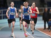 20 January 2024; David Mannion of South Galway AC, Galway, centre, competes in the U20 Men's 400m final during the 123.ie National Indoor U20 & U23s Athletics Championships at the TUS International Arena in Athlone, Westmeath. Photo by Tyler Miller/Sportsfile