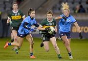 20 January 2024; Cáit Lynch of Kerry in action against Kate Sullivan, left, and Carla Rowe of Dublin during the 2024 Lidl Ladies National Football League Division 1 Round 1 fixture between Dublin and Kerry at Parnell Park in Dublin. Photo by Sam Barnes/Sportsfile