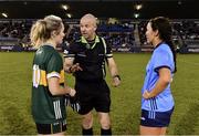 20 January 2024; Referee Jonathan Murphy with Kerry captain Niamh Carmody and Dublin captain Leah Caffrey before the 2024 Lidl Ladies National Football League Division 1 Round 1 fixture between Dublin and Kerry at Parnell Park in Dublin. Photo by Sam Barnes/Sportsfile