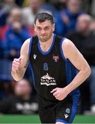 20 January 2024; Kyle Hosford of UCC Demons celebrates after scoring a basket during the Basketball Ireland Pat Duffy National Cup Final match between Irish Guide Dogs Ballincollig and UCC Demons at the National Basketball Arena in Tallaght, Dublin. Photo by Seb Daly/Sportsfile