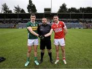 20 January 2024; Referee Donnacha O’Callaghan with Kerry captain Seán O’Shea, left, and Cork captian Sean Meehan before the McGrath Cup final match between Kerry and Cork at Páirc Ui Rinn in Cork. Photo by Michael P Ryan/Sportsfile