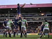 20 January 2024; Caelan Doris of Leinster takes possession in a lineout during the Investec Champions Cup Pool 4 Round 4 match between Leicester Tigers and Leinster at Mattioli Woods Welford Road in Leicester, England. Photo by Harry Murphy/Sportsfile