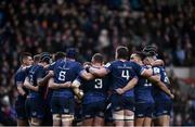 20 January 2024; Leinster players huddle during the Investec Champions Cup Pool 4 Round 4 match between Leicester Tigers and Leinster at Mattioli Woods Welford Road in Leicester, England. Photo by Harry Murphy/Sportsfile