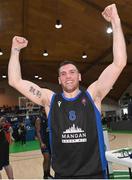 20 January 2024; UCC Demons captain Kyle Hosford celebrates after his side's victory in the Basketball Ireland Pat Duffy National Cup Final match between Irish Guide Dogs Ballincollig and UCC Demons at the National Basketball Arena in Tallaght, Dublin. Photo by Seb Daly/Sportsfile