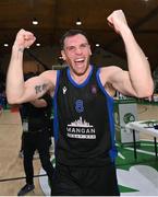 20 January 2024; UCC Demons captain Kyle Hosford celebrates after his side's victory in the Basketball Ireland Pat Duffy National Cup Final match between Irish Guide Dogs Ballincollig and UCC Demons at the National Basketball Arena in Tallaght, Dublin. Photo by Seb Daly/Sportsfile
