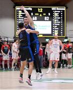 20 January 2024; UCC Demons players James Beckom and Scott Hannigan celebrate during the Basketball Ireland Pat Duffy National Cup Final match between Irish Guide Dogs Ballincollig and UCC Demons at the National Basketball Arena in Tallaght, Dublin. Photo by Seb Daly/Sportsfile