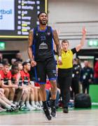 20 January 2024; Seventh Woods of UCC Demons celebrates after scoring a three-pointer during the Basketball Ireland Pat Duffy National Cup Final match between Irish Guide Dogs Ballincollig and UCC Demons at the National Basketball Arena in Tallaght, Dublin. Photo by Seb Daly/Sportsfile