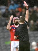21 January 2024; James Regan of St Thomas' is shown a red card by referee Seán Stack during the AIB GAA Hurling All-Ireland Senior Club Championship Final match between O’Loughlin Gaels of Kilkenny and St Thomas’ of Galway at Croke Park in Dublin. Photo by Piaras Ó Mídheach/Sportsfile
