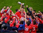 21 January 2024; Damien Finnerty of St Thomas' is lifted by teammates as he celebrates with the Tommy Moore Cup after his side's victory in the AIB GAA Hurling All-Ireland Senior Club Championship Final match between O’Loughlin Gaels of Kilkenny and St Thomas’ of Galway at Croke Park in Dublin.