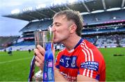 21 January 2024; Fintan Burke of St Thomas' kisses the Tommy Moore Cup after his side's victory in the AIB GAA Hurling All-Ireland Senior Club Championship Final match between O’Loughlin Gaels of Kilkenny and St Thomas’ of Galway at Croke Park in Dublin. Photo by Piaras Ó Mídheach/Sportsfile