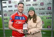 21 January 2024; David Burke of St Thomas' is presented with the AIB Player of the Match award by Claire Liston, Sponsorship Brand Manager AIB, after the AIB GAA Hurling All-Ireland Senior Club Championship Final match between O’Loughlin Gaels of Kilkenny and St Thomas’ of Galway at Croke Park in Dublin. Photo by Ramsey Cardy/Sportsfile